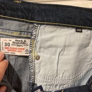Rock & Republic Flare jeans, size 30W regular inseam. Purple/Yellow Logo.
